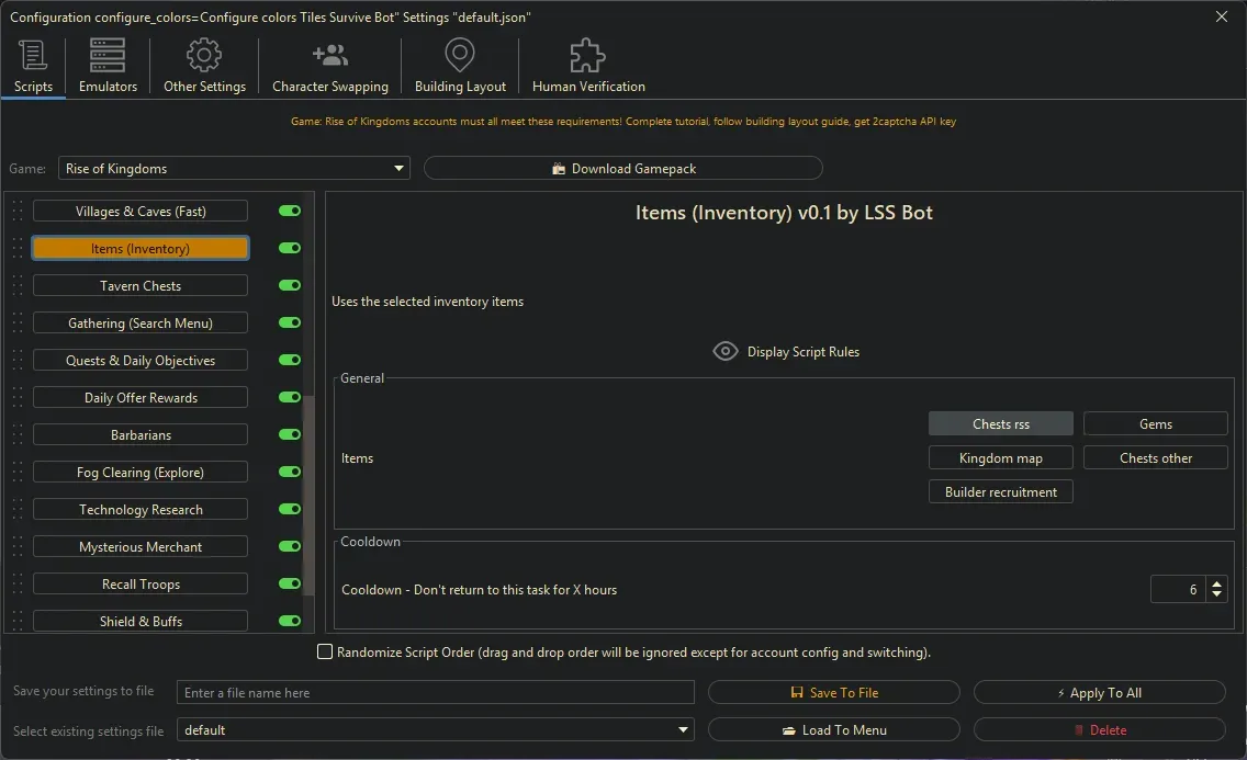 Rise of Kingdoms Bot - Items (Inventory)
