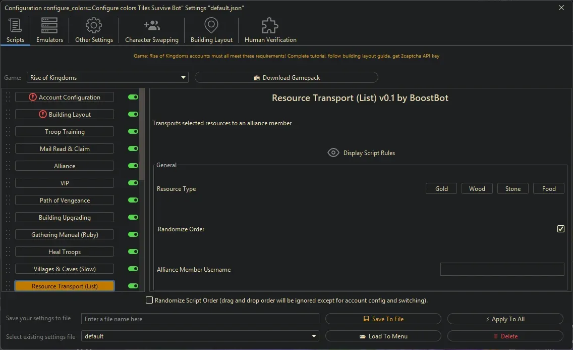 Rise of Kingdoms Bot - Resource Transport (List)